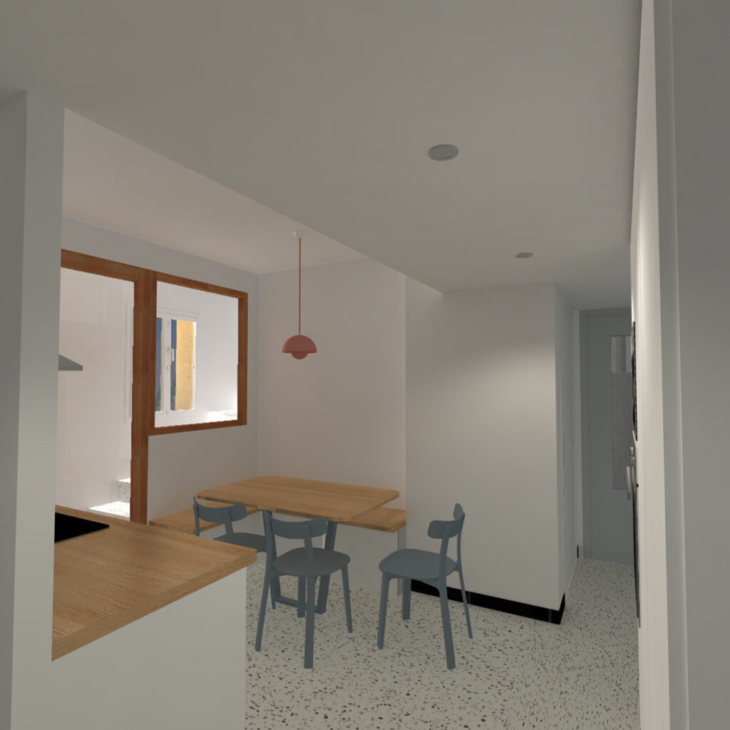 Vue de la nouvelle cuisine du rez-de-chaussée du projet Condamine de transformation d'une maison en deux appartements